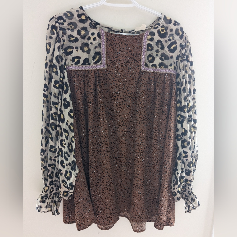 Entro Contrast Animal Cheetah Print Colorful Brown‎ Blouse Size XL - Picture 2 of 9
